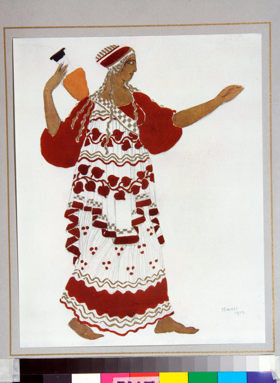 Ballets russes: ""Nymph"" Kostyme designet av Leon Bakst (1866-1924) for balletten ""L'apres midi d'un faune"" av Claude Debussy av Leon Bakst