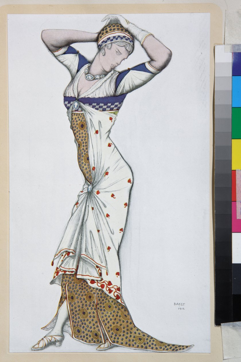 Design av en moderne kjole - Verk av Leon Bakst (1866-1924), litografi ca. 1910 - (Design av en moderne kjole, fargelitografi av Leon Bakst av Leon Bakst