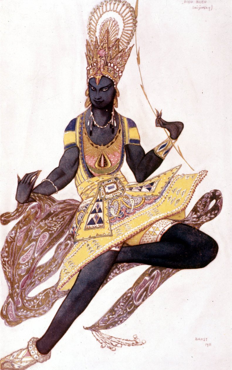 Kostyme av Vaslav Nijinsky eller Nijinsky (1889-1950) laget av Leo Bakst for "The Blue God" av Reynaldo Hahn (1875 - 1947) av Leon Bakst