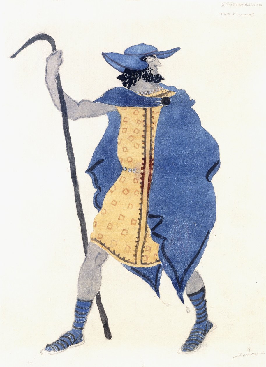 Kostymedesign for Oedipus at Colonus- the Stranger, ca. 1899-1909 (blyant, med/c & sølvmaling på papir) av Leon Bakst