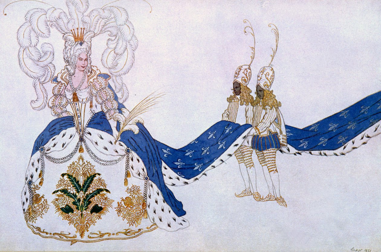 Kostymedesign for The Queen and Her Pages, fra Sleeping Beauty, 1921 av Leon Bakst