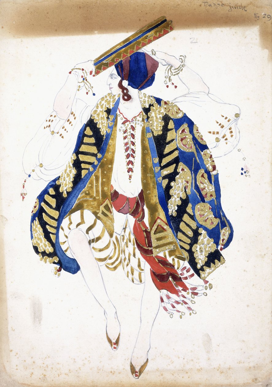 Kostymedesign for en mannlig danser i "Danse Juive", iført truse og turban, spiller en tamburin, av Leon Bakst