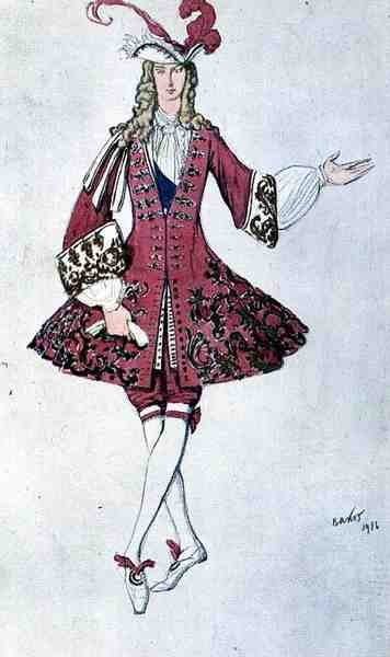 Kostyme for en side, i stil med Ludwig XIV, fra Aladdin av Leon Bakst