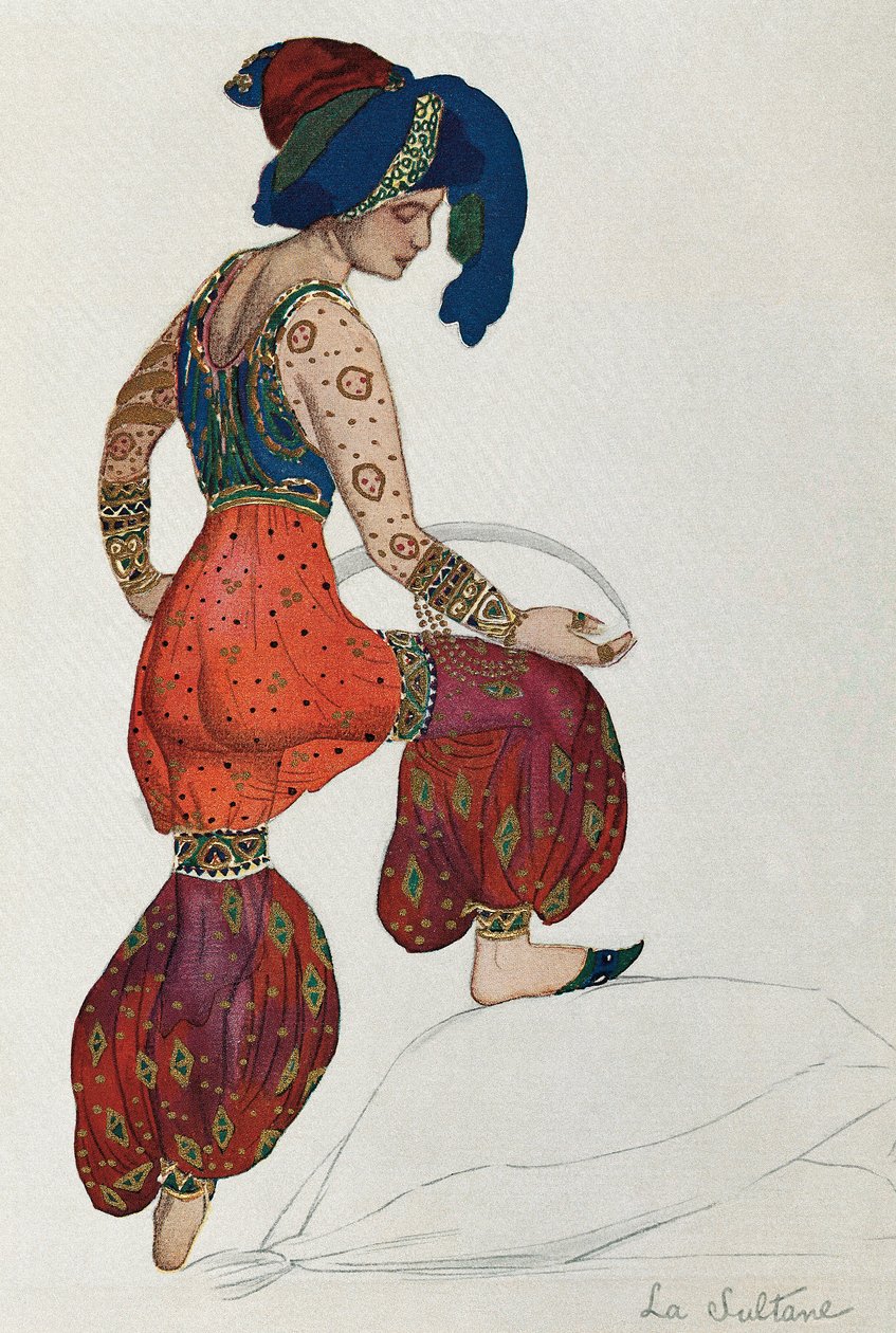 Kostyme til Vaslav Nijinsky eller Nijinsky (1889-1950) for karakteren til sultanen i balletten "Sheherazade" 1910 (akvarell på papir) av Leon Bakst