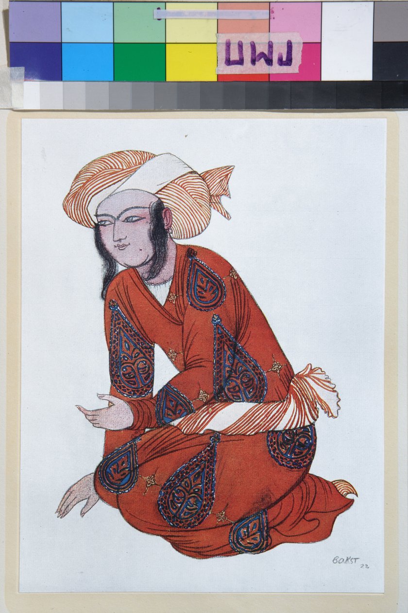 Kostyme for balletten Sheherazade av Nikolai Rimsky Korsakov (Rimsky-Korsakov) (1844-1908) - Verk av Leon Bakst (1866-1924), litografi 1922 - (Kostumedesign for balletten Sheherazade av Nikolai Rimsky Korsakov, av Leon Bakst , Farge lith av Leon Bakst