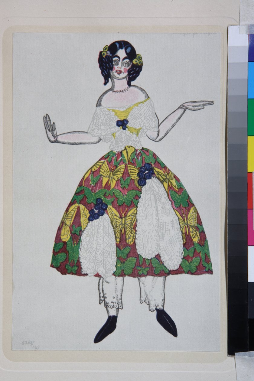 Kostyme for balletten La boutique fantasque av Gioachino Rossini - Verk av Leon Bakst (1866-1924), litografi 1919 - (Kostumedesign for balletten ""The Magic Toy Shop"" av Gioachino Rossini, av Leon Bakst, fargelitografi av Leon Bakst