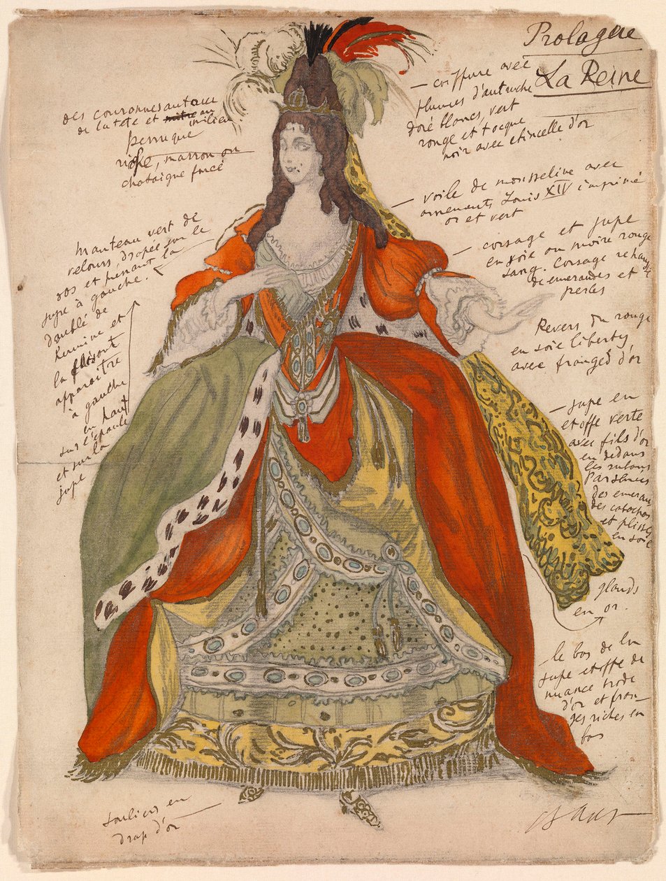 Dronningens forberedende kostyme, til balletten ""La belle au bois dormant"" av Piotr Tchaikovsky (1840-1893) (Kostumedesign for balletten Sleeping Beauty av P Tchaikovsky) - Verk av Leon Bakst (1866-1924), blyant og akvarell på papir (33x25 cm) av Leon Bakst