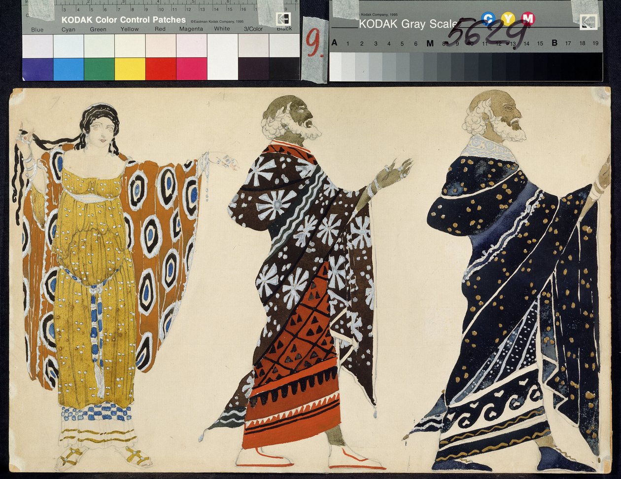 Mannens kostymer til dramaet ""Oedipus at Colone"" av Sophocles (497 eller 496-407 eller 406 f.Kr.) (Kostumedesign for dramaet Oedipus at Colonus av Sophocles). Tegning av Leon Blakst (1866-1924). Akvarell på papir, 28,2 x 44,6 cm av Leon Bakst