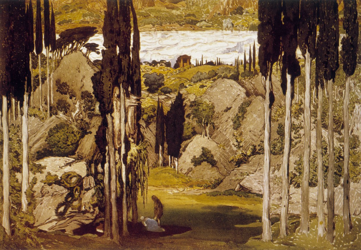 Dekor av Léon Bakst, russisk maler og dekoratør, basert på en original akvarell, for Maurice Ravels ballett "Daphnis et Chloé" av Leon Bakst