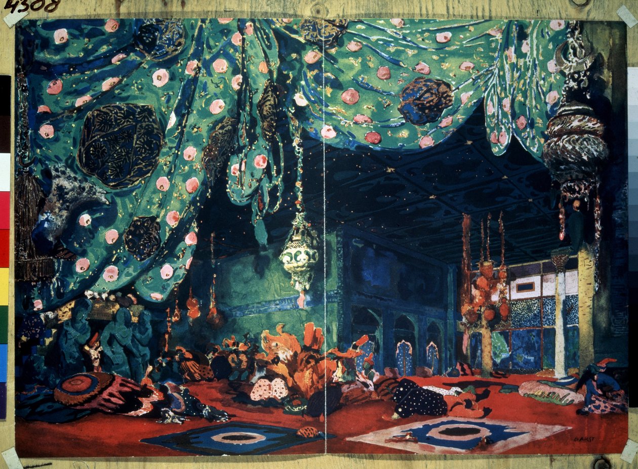 Sett for balletten ""Sheherazade"" av Nicolas (Nikolai) Rimski Korsakov (Rimski-Korsakov) (1844-1908) fra After the Tales of the Thousand and One Nights. (Scenedesign for balletten Sheherazade av N.Rimsky Korsakov (Rimsky-Korsakov). Tegning av Leon Bakst ( av Leon Bakst