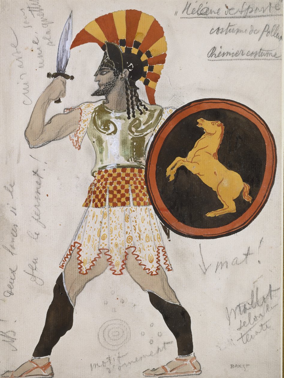Design for Pollux's kostyme i 'Hélène de Sparte' (grafitt og akvarell med gullmaling på off-white papir) av Leon Bakst