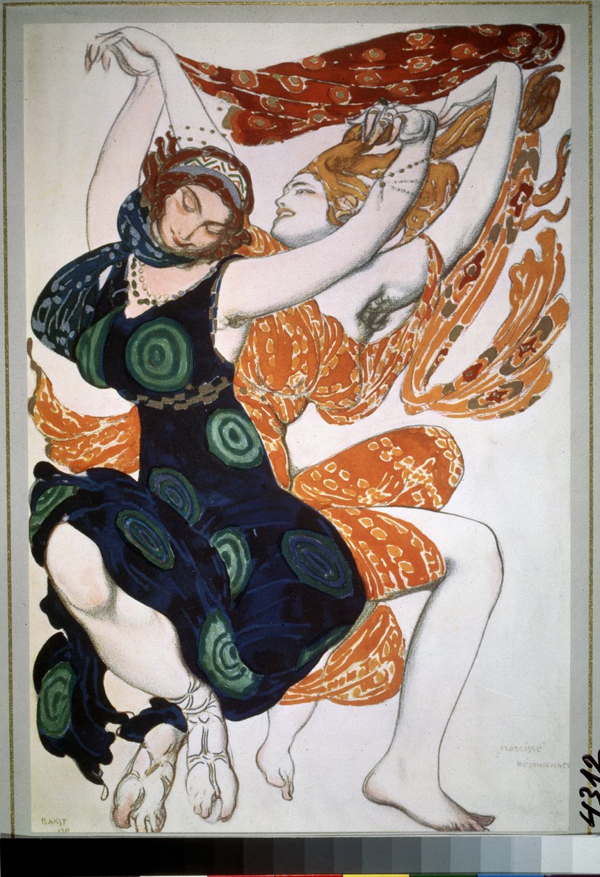 To beotiennes, kostyme til balletten ""Narcisse"" av Nikolai Tcherepnin (Nicolas Tcherepnin) (1873-1945) (To beotiennes, kostymedesign for balletten Narcisse av N.Tcherepnin). Tegning av Leon Bakst (1866-1924). Akvarell, gouache, gull og sølv på pa av Leon Bakst