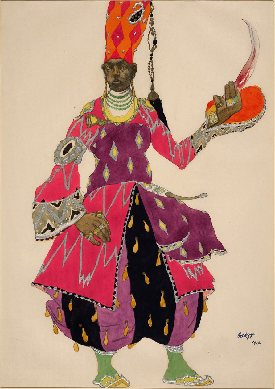 Eunuque "Eunuch"-kostyme for balletten Scheherazade (Scheharazade) av Nicolas (Nikolai) Rimski Korsakov (Rimski-Korsakov) 1922 (akvarell). Costume pour le ballet Scheherazade (Scheharazade) av Nicolas (Nikolai) Rimsky-Korsakov (Rimski-Korsakov) ( av Leon Bakst