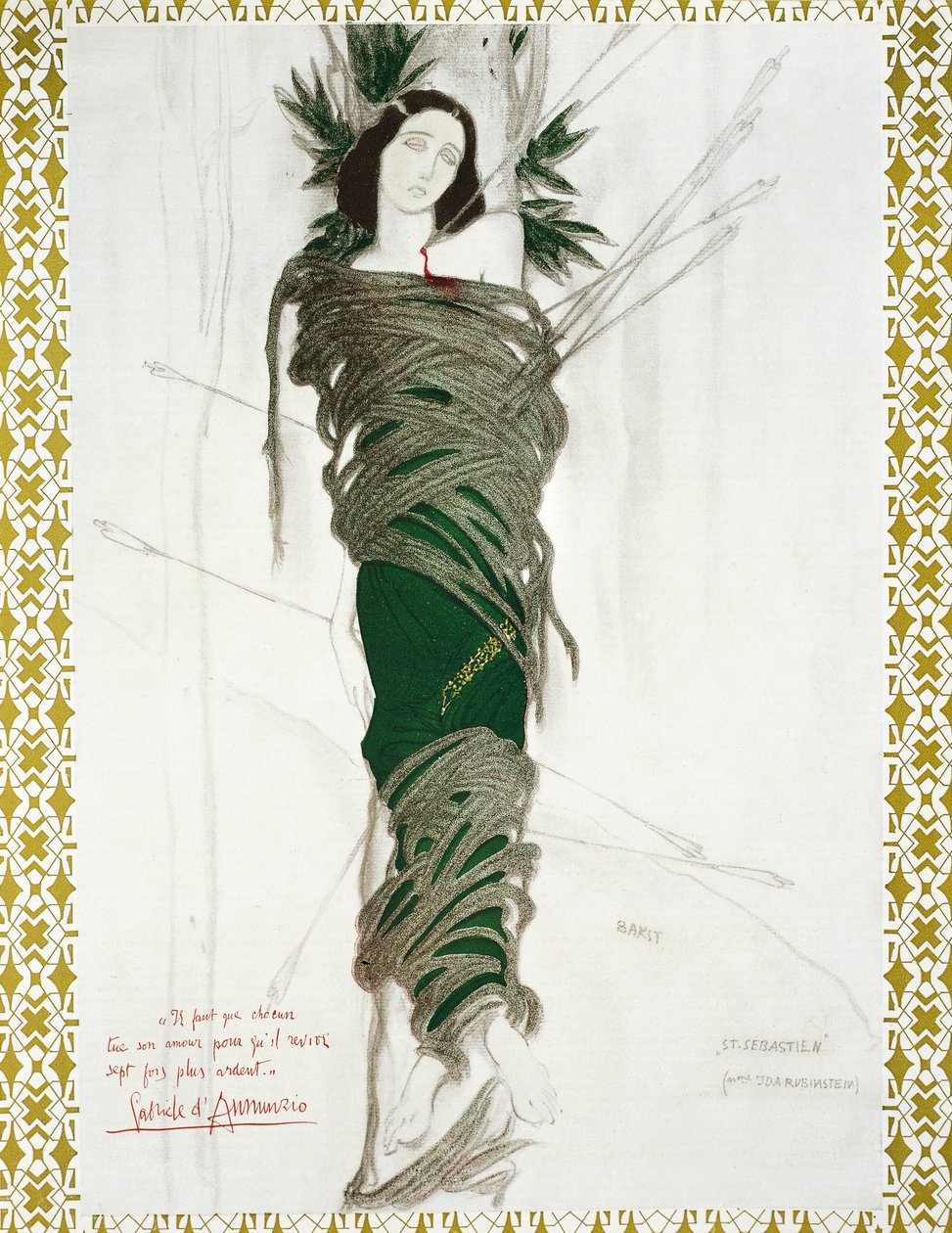 Frankrike, scene for Claude Debussys Martyrium of St. Sebastian, Autographic note av G. D'Annunzio, fra Comoedia Illustre (akvarell) av Leon Bakst
