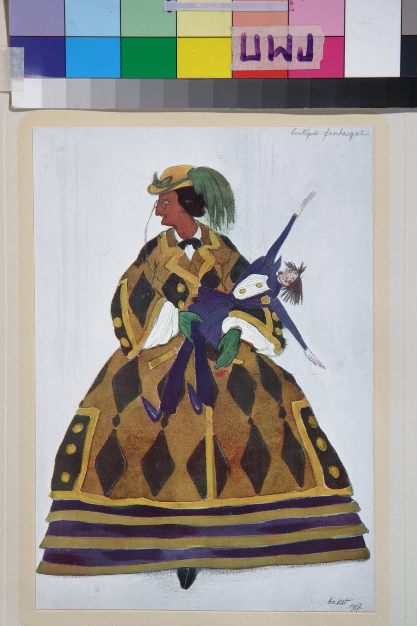 L'anglaise, kostyme for balletten la boutique fantasque av Gioachino Rossini - Verk av Leon Bakst (1866-1924), litografi 1919 - (Kostumedesign for balletten ""The Magic Toy Shop"" av Gioachino Rossini, av Leon Bakst, Fargelitografi av Leon Bakst