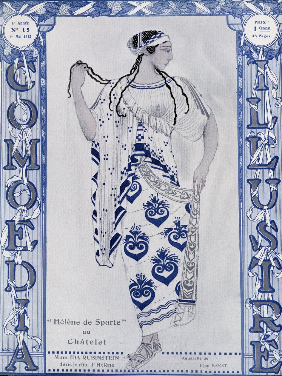 Les Ballets Russes: Helen av Sparta på Chatelet, frøken Ida Rubinstein i rollen som Helen - akvarell av Bakst, cov. i "" Comoedia illustrert"" av Leon Bakst