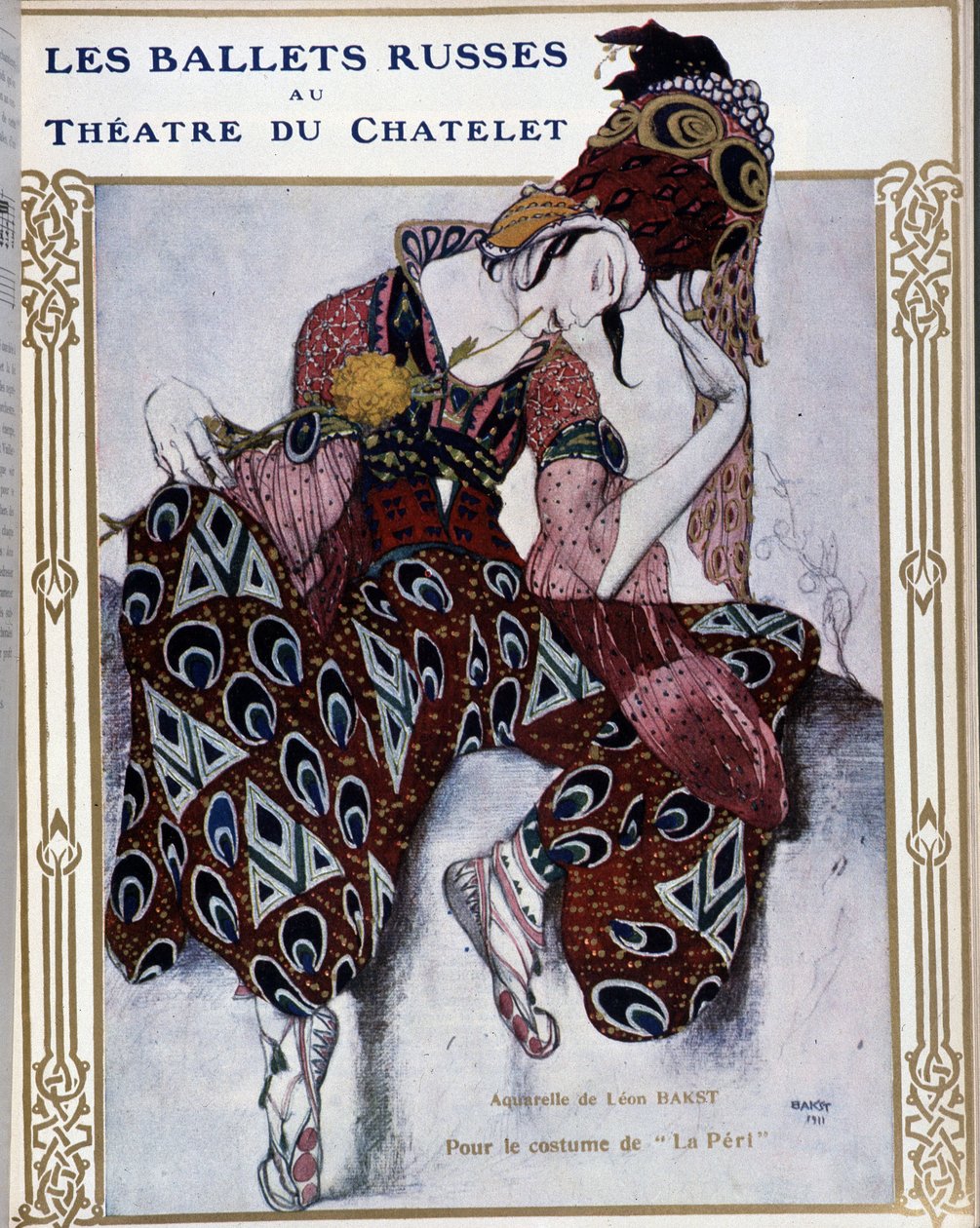 Les Ballets Russians au theater du Chatelet: kostyme for "" La Peri"" - akvarell av Bakst, cov. i "" Comoedia illustrert"" av Leon Bakst