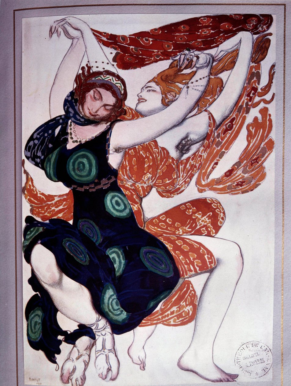 Les bacchantes koreografi fra "The Afternoon of a Faun" av Vaslav Nijinski (1889-1950) etter "Prelude the Afternoon of a Faun" av Claude Debussy (1862-1918) av Leon Bakst