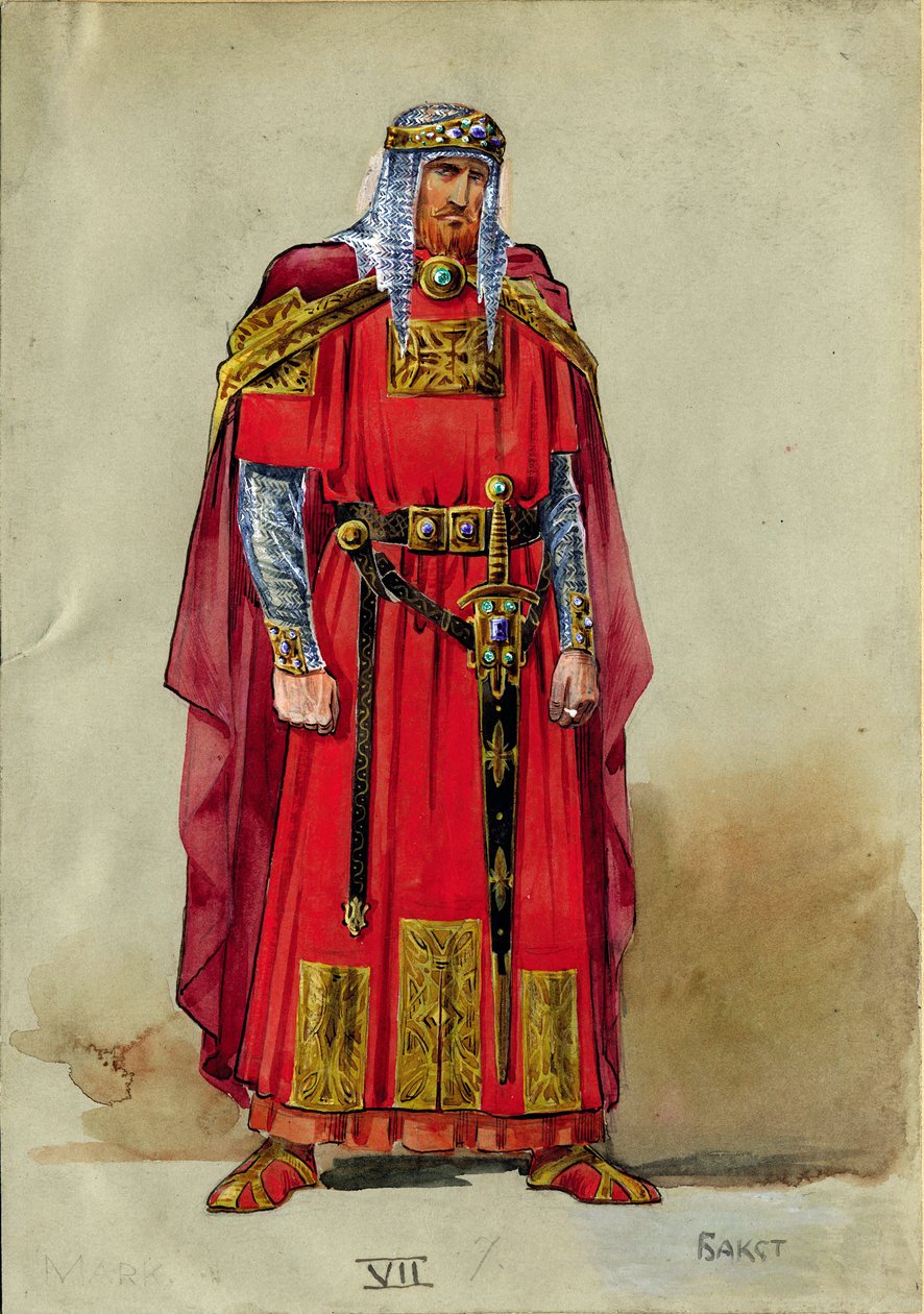 Middelalderprins, kostymedesign (akvarell og gouache på papir) av Leon Bakst