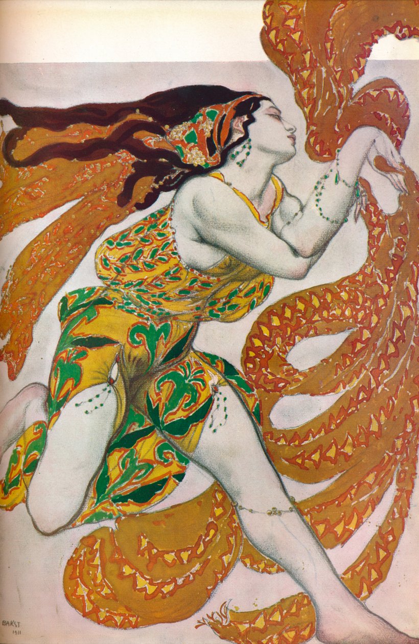 Narcisse: En Bacchante. Kostymedesign for dansen Narcisse, 1911 av Leon Bakst