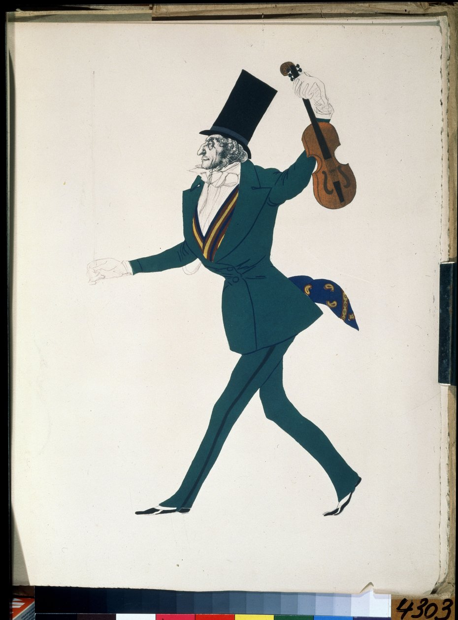 Niccolo Paganini (1782-1840), kostyme for balletten ""The Magic Night"" av Frederic Chopin (1810-1849) (Niccolo Paganini, kostymedesign for balletten The Magic Night av F. Chopin). Tegning av Leon Bakst (1866-1924). Gouache og blekk på papir av Leon Bakst