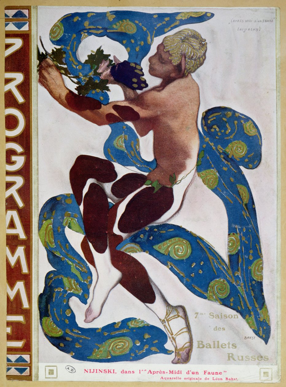 Nijinskys faunkostyme i 'L'Apres Midi d'un Faune' av Claude Debussy (1862-1918) fra forsiden av programmet for den 7. sesongen av 'Ballets Russes', 1912 av Leon Bakst