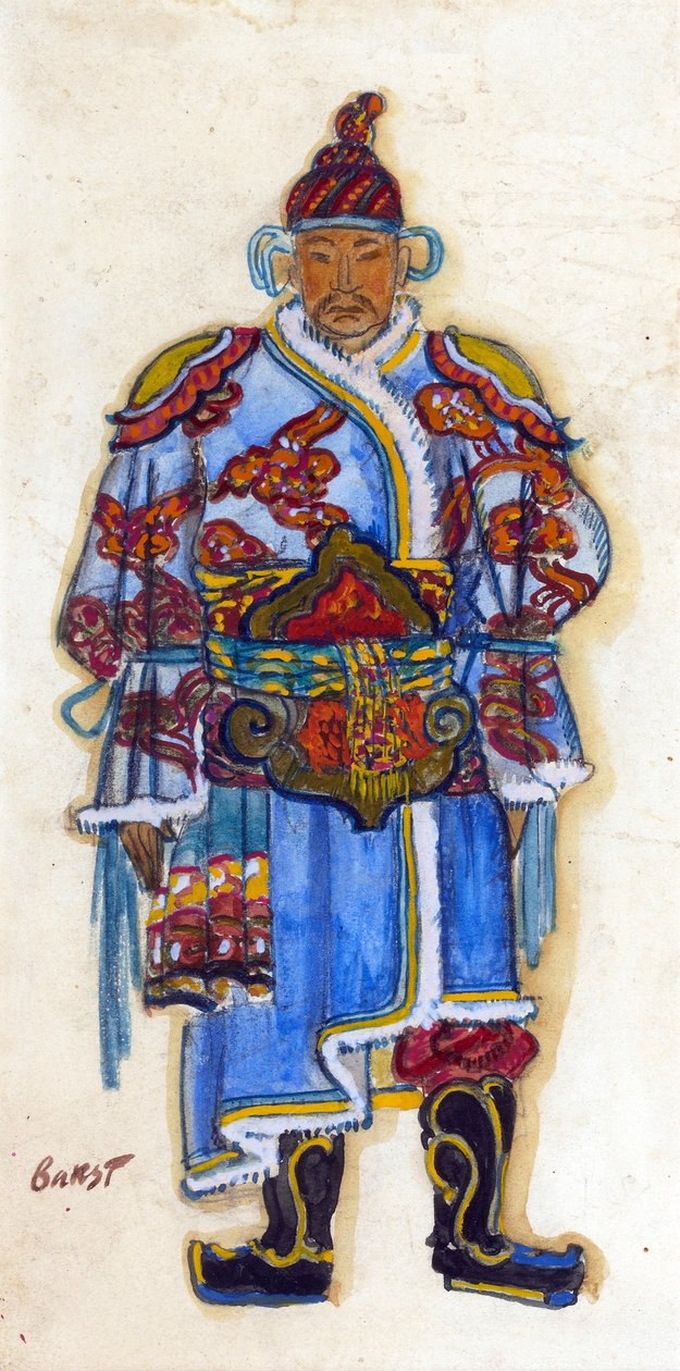 Orientalsk kostymedesign (akvarell og gouache på papir) av Leon Bakst