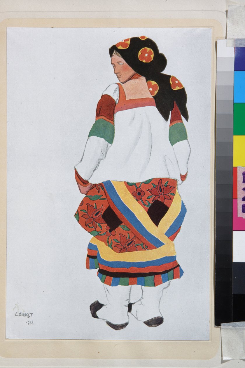 Paysanne, costume pour le vaudeville Vieux Moscou, au theatre Femina, Paris (France) - Oeuvre de Leon Bakst (1866-1924), lithographie 1922 - (Peasant woman, Costume design for the Vaudeville Old Moscow, at the Theatre Femina in Paris, by Leon Bakst (1866-1 av Leon Bakst