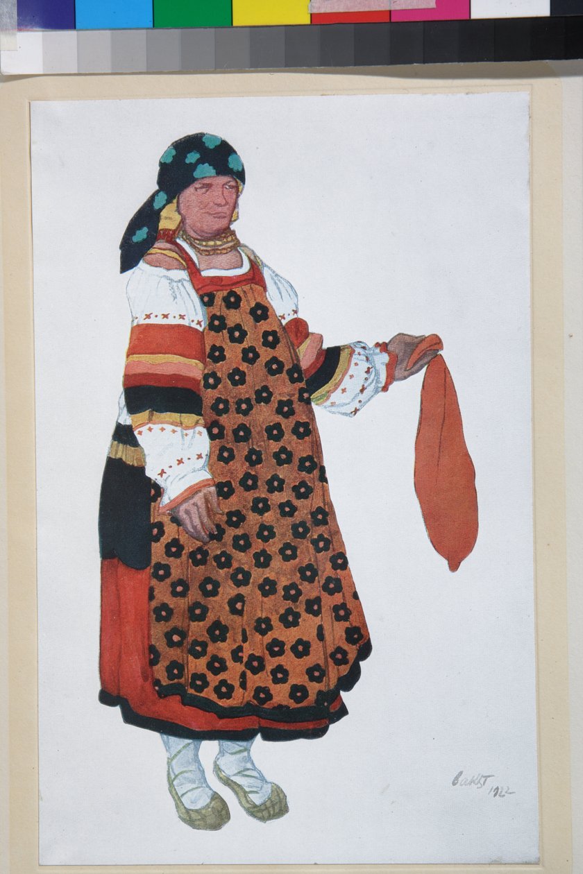 Bondekvinne, kostymedesign for Vaudeville Old Moscow, på Theatre Femina i Paris av Leon Bakst