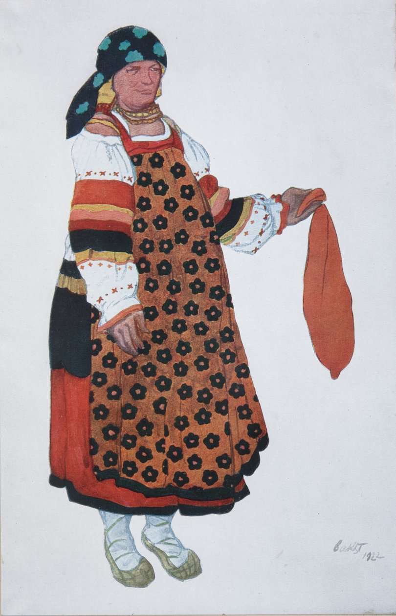 Bondekvinne. Kostymedesign for Vaudeville Old Moscow på Théâtre Femina i Paris, 1922 av Leon Bakst