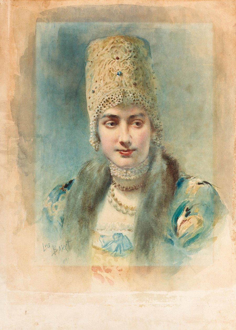 Portrett av en jente som har på seg en Kokoshnik av Leon Bakst