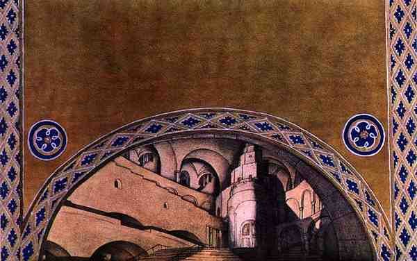 Scenery Design for the Martyr of St. Sebastian, ca. 1911-22 (farge litho) av Leon Bakst