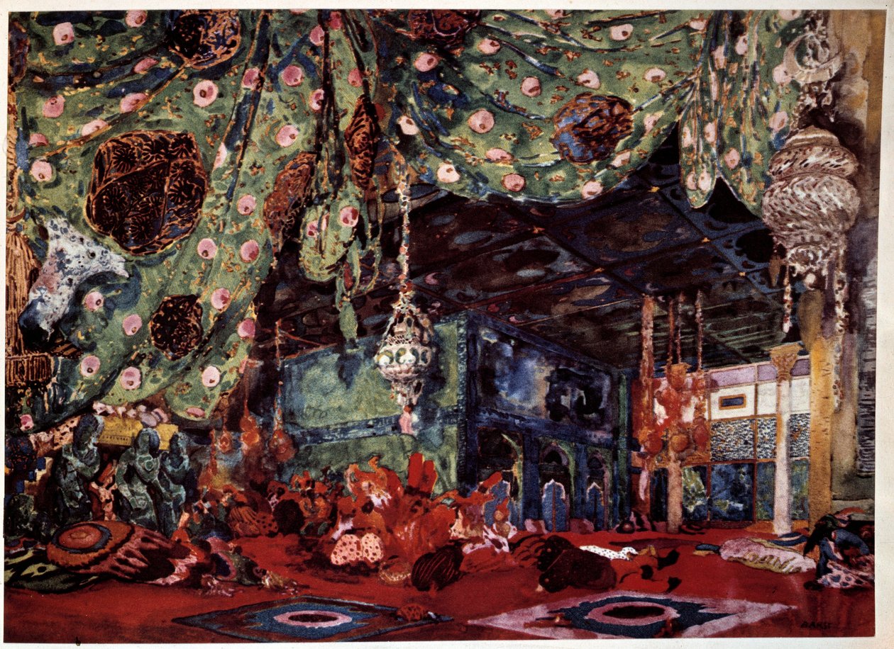 Scenografi av Leon Bakst (1866-1924), russisk maler og dekoratør for operaen "Scheherazade" (Sheherazade) av Nicholas (Nikolai) Rimski Korsakov (Rimski-Korsakov) (1844-1908). av Leon Bakst
