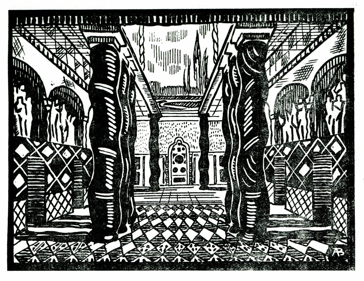 Scenografi av Leon Bakst (1866-1924), russisk maler og dekoratør for tredje akt av "The Martyrdom of Saint Sebastian" av Claude Debussy (1862-1918), libretto av Gabriele D