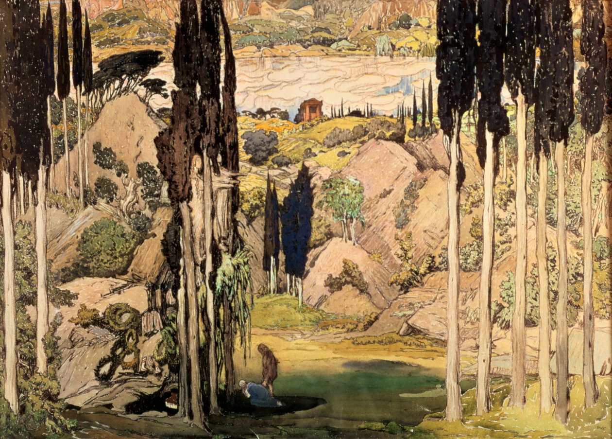Scenografi for akt II av en Ballet Russes-produksjon av Ravels Daphnis og Chloe, 1912 av Leon Bakst
