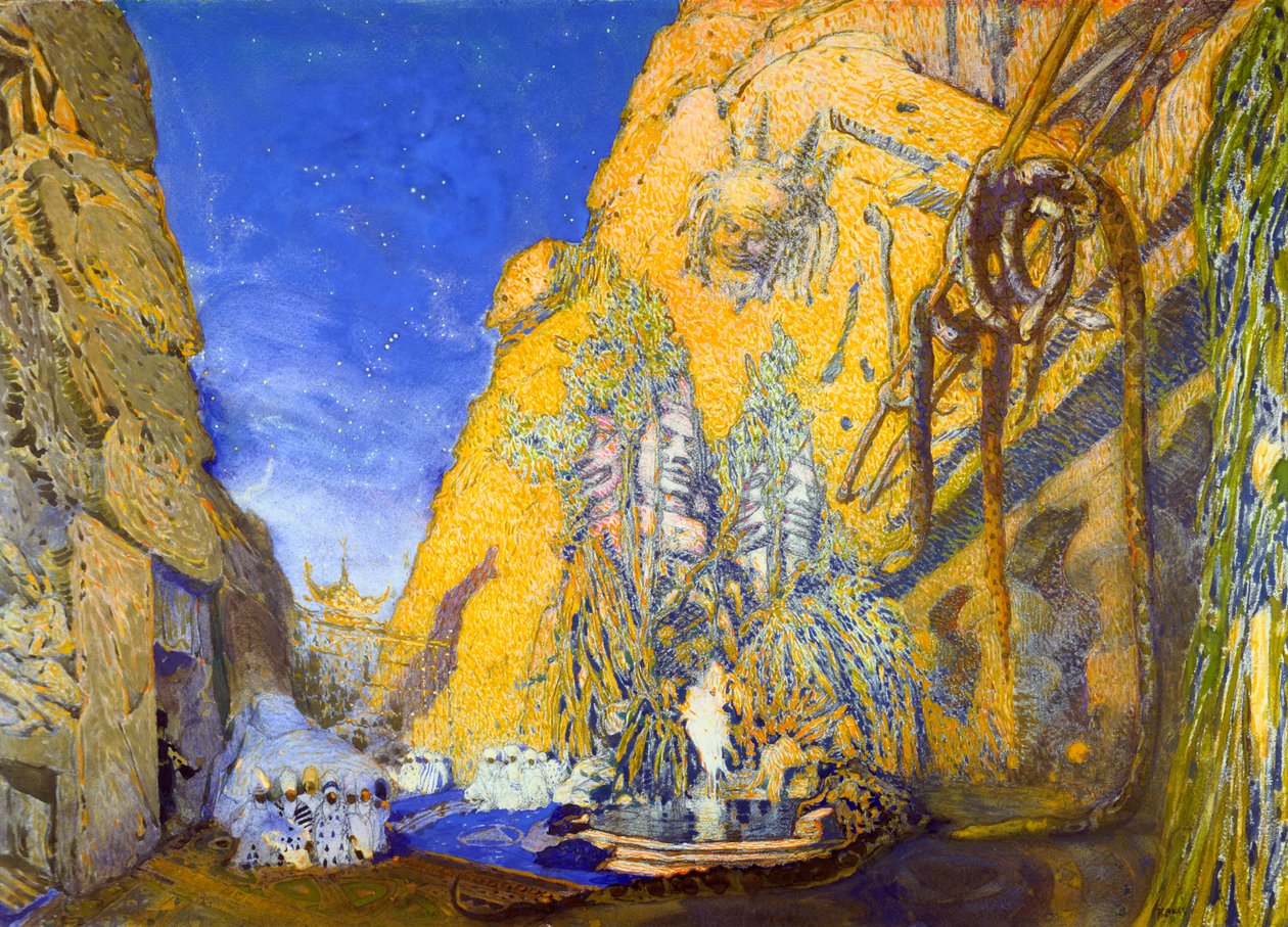 Scenografi for en Ballets Russes-produksjon av Le Dieu Bleu The Blue God, 1911 av Leon Bakst