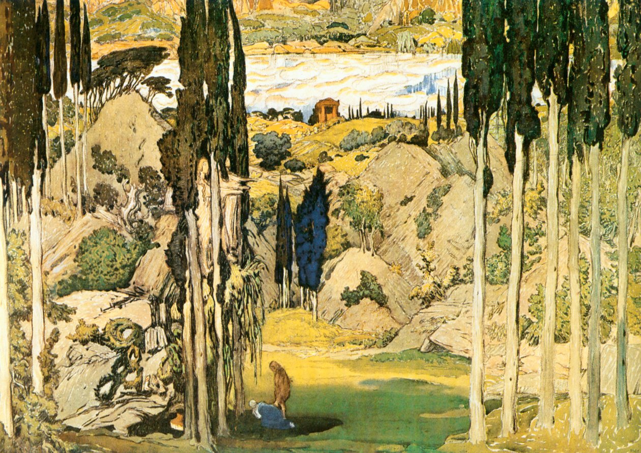 Skisse til settet til første akt av Maurice Ravels ballett Daphnis og Chloe av Leon Bakst