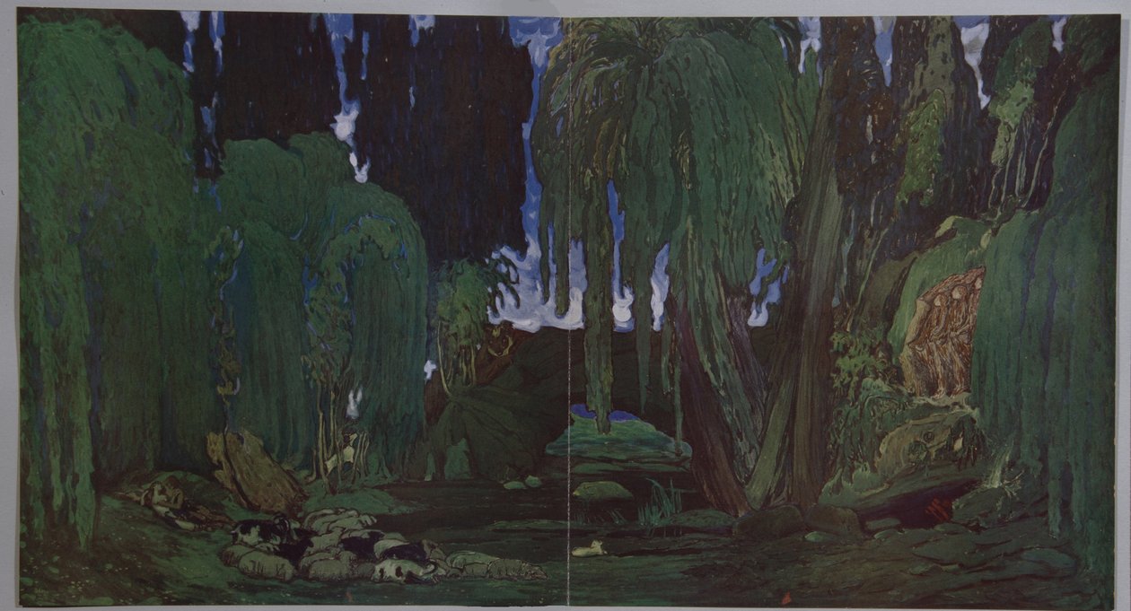 Scenedesign for balletten Narcisse av N. Tcherepnin, 1911 av Leon Bakst