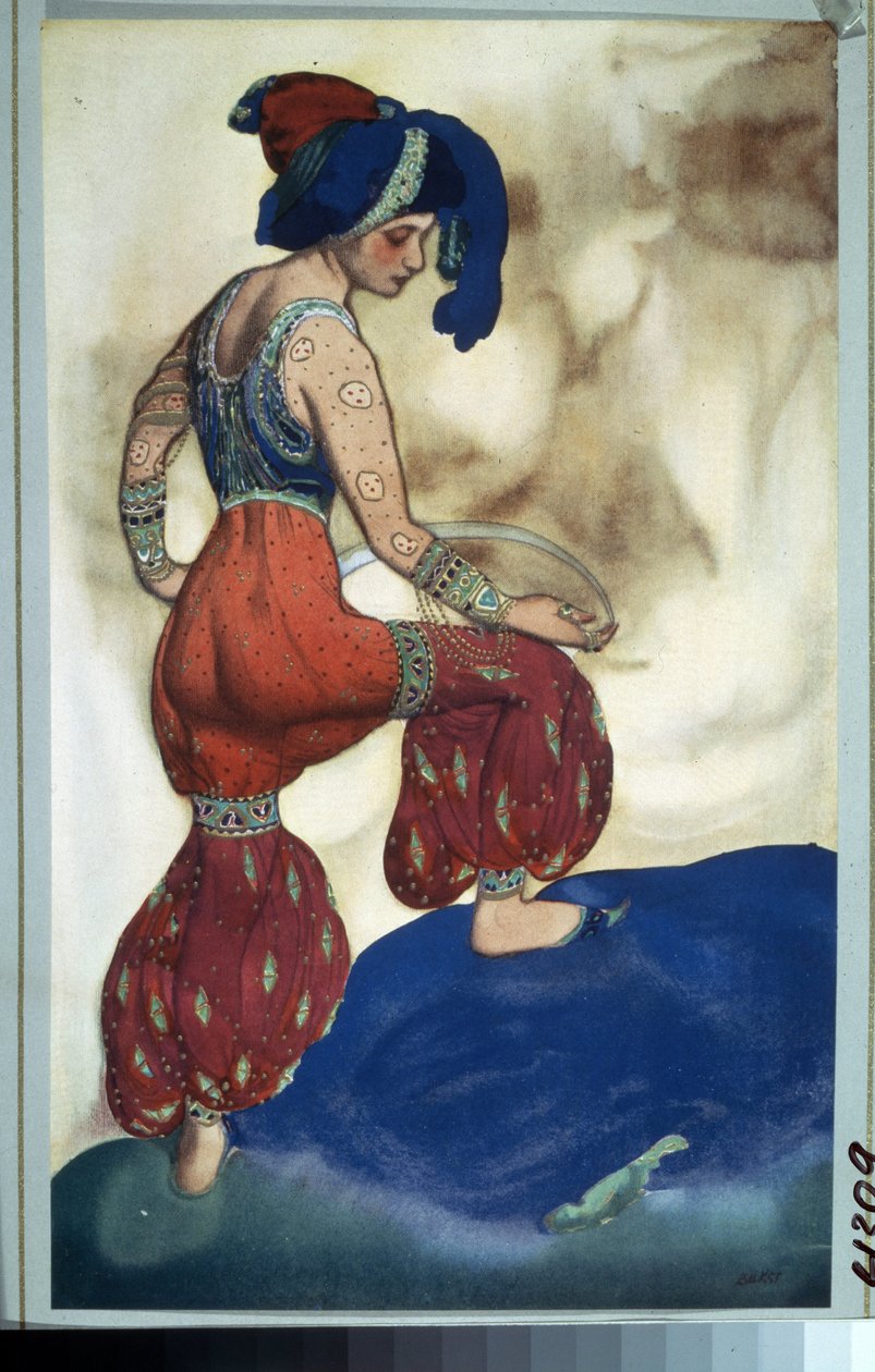 Sultan, kostyme for balletten ""Sheherazade"" av Nicolas (Nikolai) Rimski Korsakov (Rimski-Korsakov) (1844-1908) fra After the Tales of the Thousand and One Nights. prinsesse av N.Rimsky Korsakov (Rimsky-Korsakov). Tegning av Leon Baxt (1866-1924). Gouache av Leon Bakst