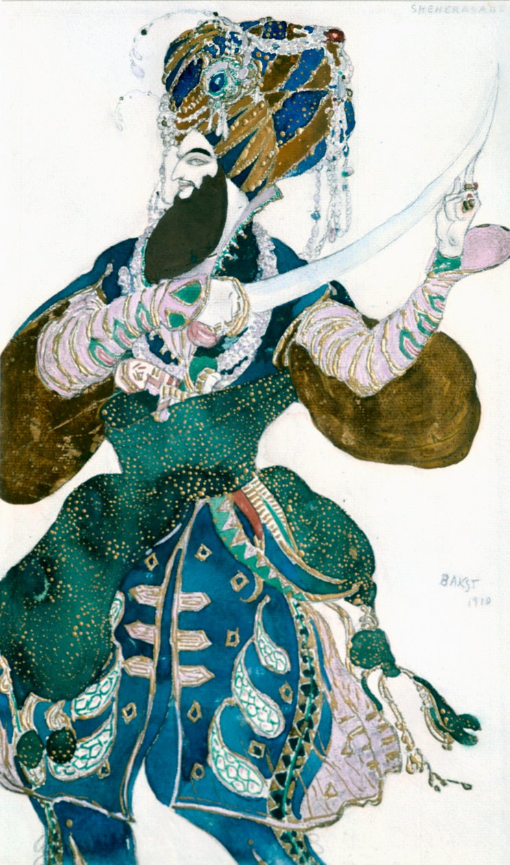 The Shah of Persia, kostymedesign for en Ballets Russes-produksjon av Scheherazade, c1913. av Leon Bakst