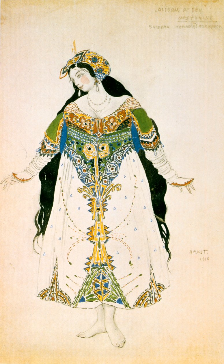 The Tsarevna, kostymedesign for Ballets Russes-produksjonen av Stravinskys The Firebird, 1910 av Leon Bakst