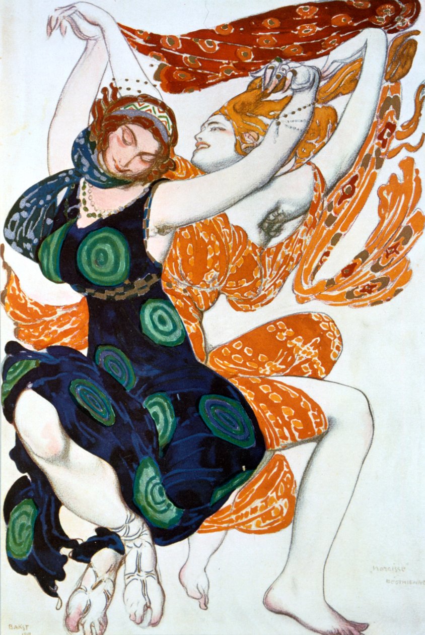 Two Bacchantes, kostymedesign for en Ballets Russes-produksjon av Tcherepnins Narcisse, 1911 av Leon Bakst