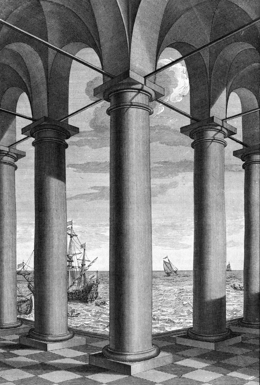 På arkitektur dukker et maritimt landskap opp bak en bygning støttet av arkader: en tavle tegnet fra "De Architectura Libri decem" av Leon Battista Alberti (1404-1472), arkitekt, matematiker, italiensk poet fra renessansen, London av Leon Battista Alberti
