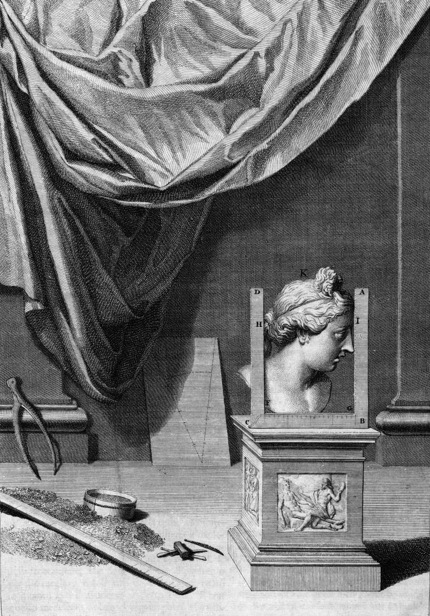 Godbiter om arkitektur, en byste av en klassisk statue og arkitektoniske verktøy: tavle hentet fra "" De Architectura Libri decem"" av Leon Battista Alberti (1404-1472), arkitekt, matematiker, italiensk poet fra renessansen, London av Leon Battista Alberti