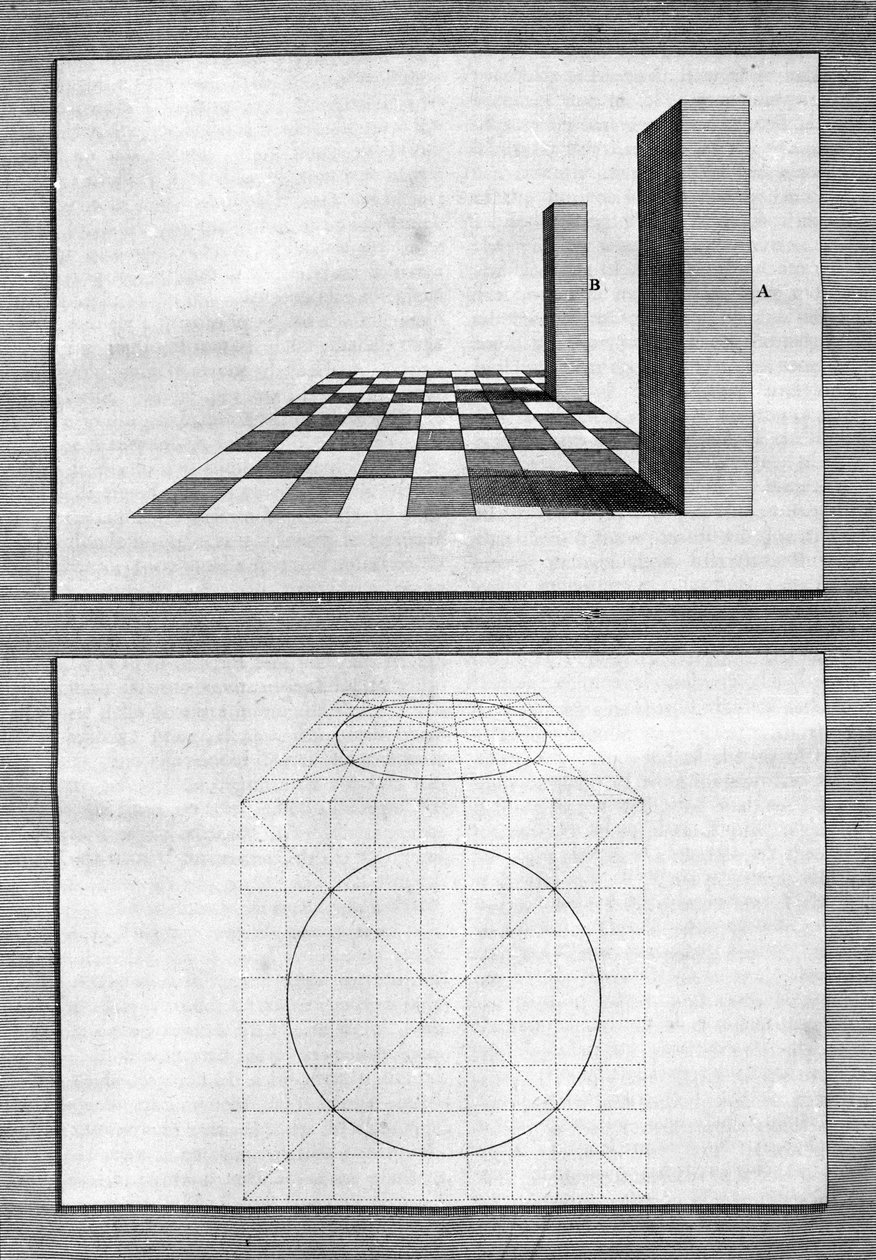 Godbiter om arkitektur, perspektiv og geometri: tavle hentet fra "" De Architectura Libri decem"" av Leon Battista Alberti (1404-1472), arkitekt, matematiker, italiensk poet fra renessansen, London av Leon Battista Alberti