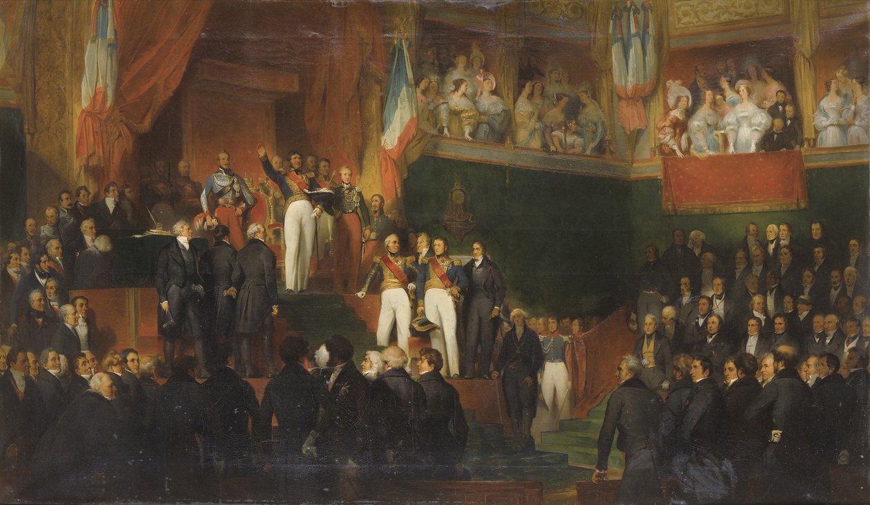 LOUIS-PHILIPPE (1773-1850) AVSÆR ED Å OPPRELIKKE CHARTERET AV 1830 I NÆRVÆRHET AV KAMMERNE, 9. AUGUST 1830, maleri av LeON-JEAN-BASILLE PERRAULT OG HANS STUDIO - som Louis-Philippe I før den første. Deputertkammeret, 9. august 1830 pa av Leon Bazile Perrault