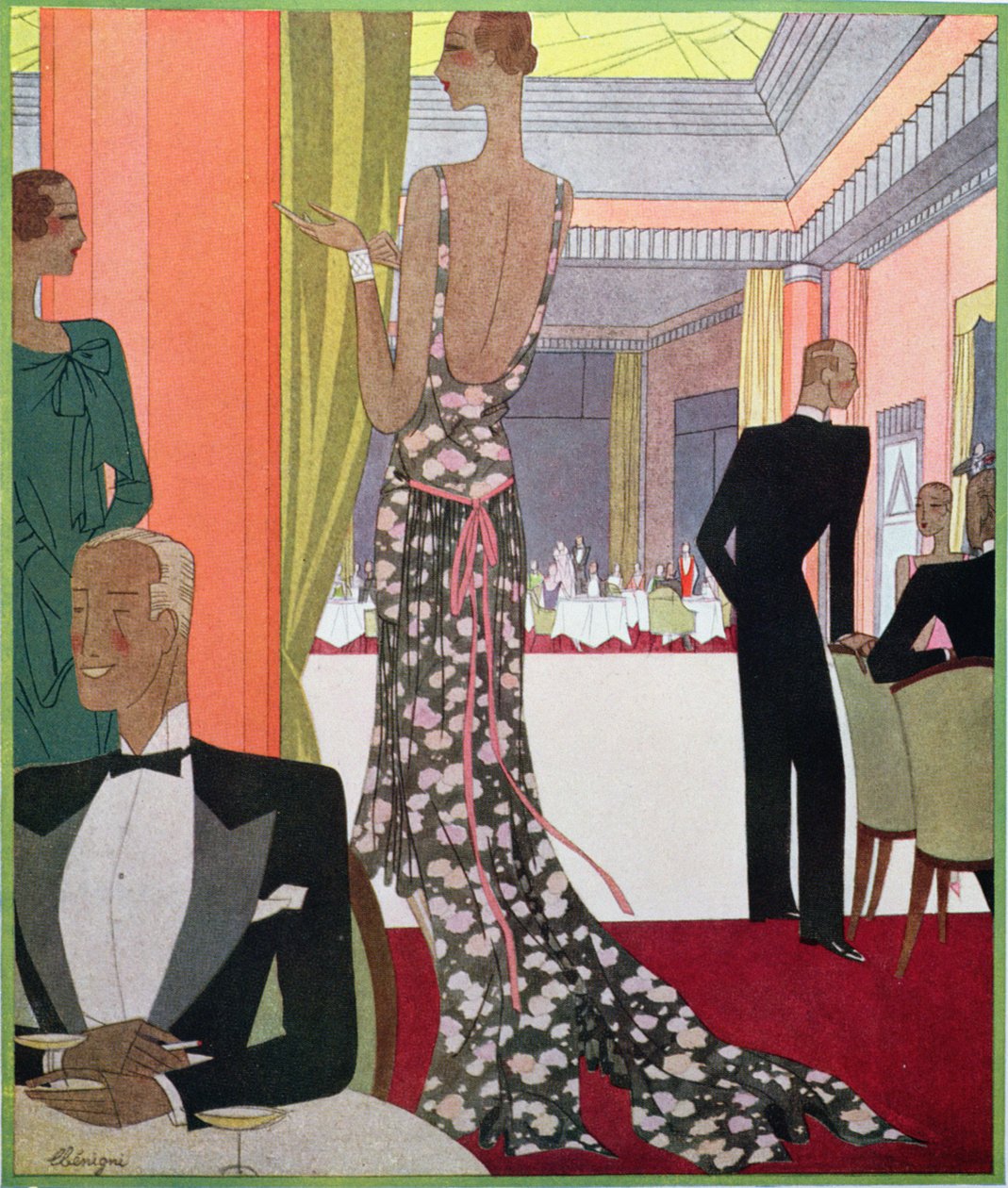 Motedesign for en aftenkjole av House of Louise Boulanger på en Gala Soiree i kasinoet på Le Touquet av Leon Benigni