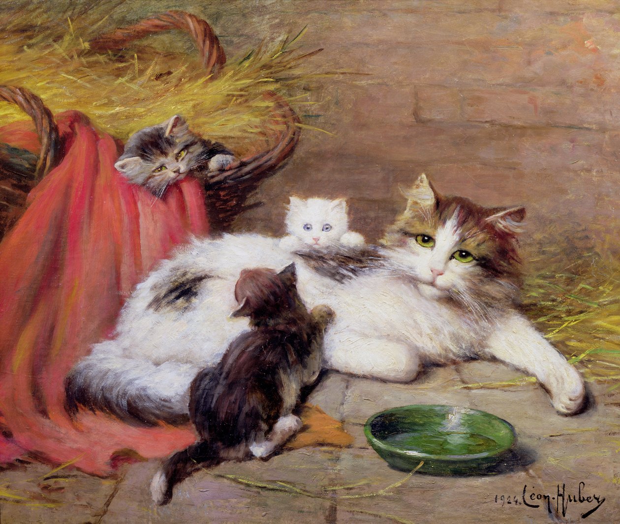 Katt med kattunger, 1924 av Leon Charles Huber