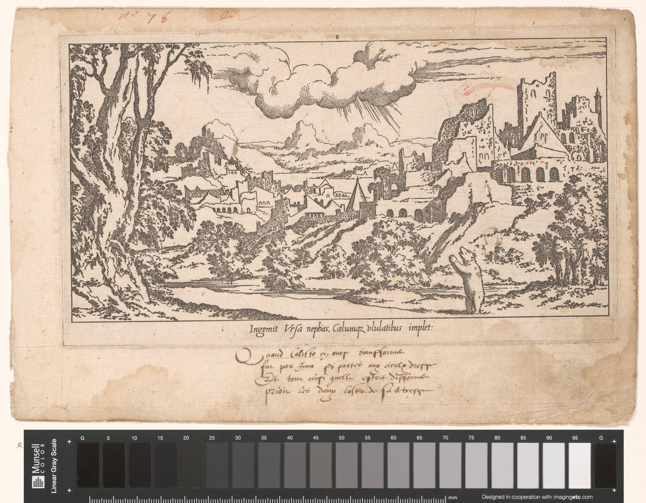 Callisto som bjørn ber Jupiter i et landskap av ruiner Le Fable de Calisto (serietittel) Myth of Callisto (serietittel) av Leon Davent