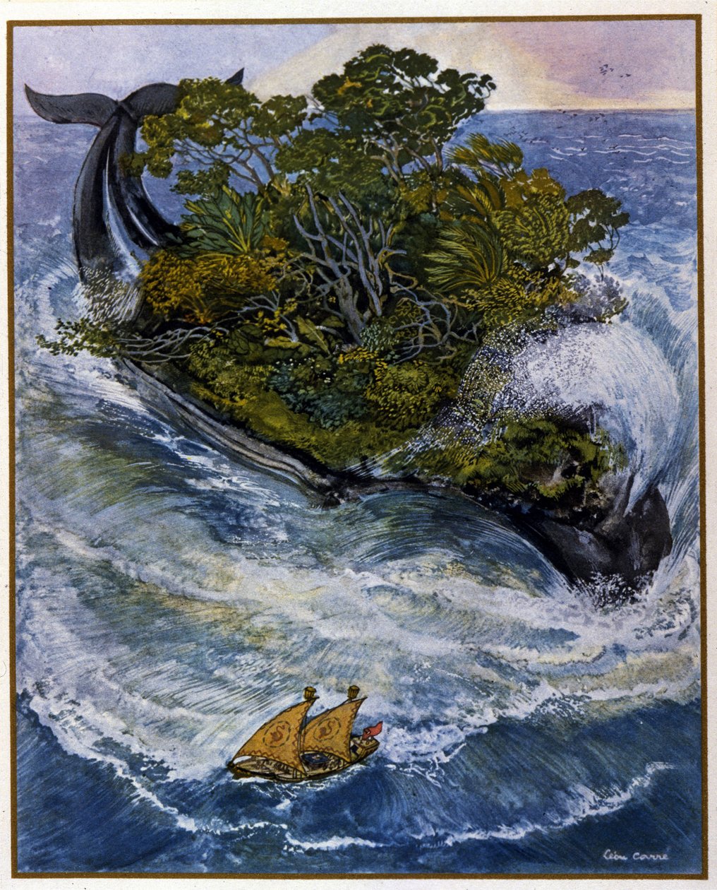 Eventyrene til sjømannen Sinbad (Sindbad). Fra fortellingene om 1001 natt (Tales of Thousand One Nights). Illustrasjon av Léon Carre (1878-1942) av Leon Georges Carre